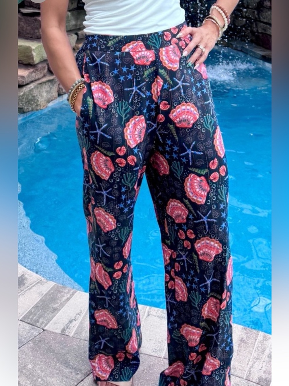 America & Beyond Straight-Leg Pants with Coral Shell Print & Shimmer Detail